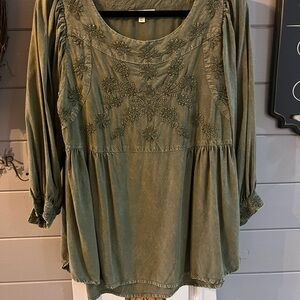 Solitaire Olive Green Embroidered Blouse